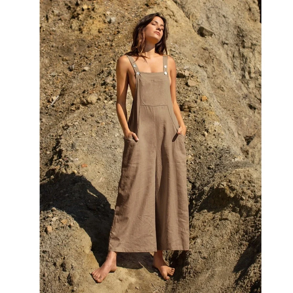 Linen Blend Casual Mocha Brown Overalls Pockets Jumpsuit Wide Leg - Picture 1 of 7